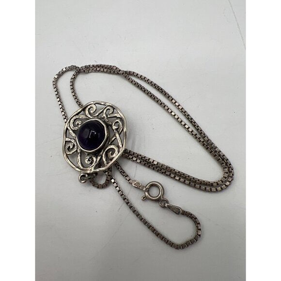 Didac Israel Silver Filigree Pendant Amethyst Cabochon 18” Italian Box Chain Vtg - Picture 12 of 14